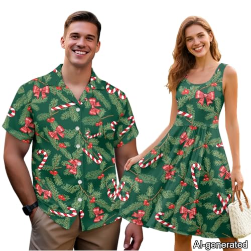 Image of Dreaweet Summer Dresses for Women A-Line Sleeveless Flowy Sun Dresses,Men's Casual Button-Down Shirts,Couple Matching Outfits