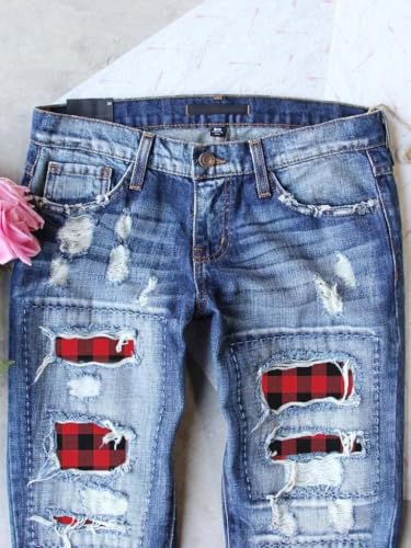 Ripped Boyfriend Jeans for Women Distressed Skinny Denim with Holes Plaid Patchwork Design Stretch Comfort Pants3