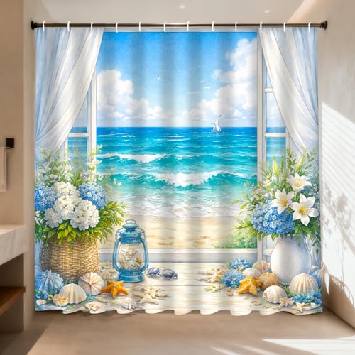 Nuxovilar Coastal Window Beach 72x72 Inch Polyester Shower Curtain