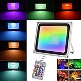 Viugreum 100W RGB LED Flood Lights Outdoor, 4 Modes 16 Colors RGB Security Floodlight with Remote...
