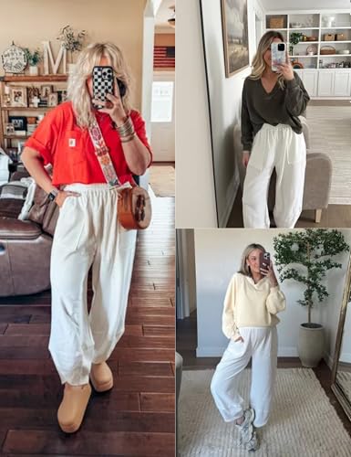 Image of Xiaoxuemeng Womens Baggy Wide Leg Pants Casual Elastic Waisted Palazzo Harem Pants with Pockets