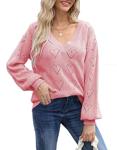 Alsol Lamesa Women's V Neck Hollow Out Sweater Knitted Pullover Long Sleeve Fall Valentines Sweaters for Women