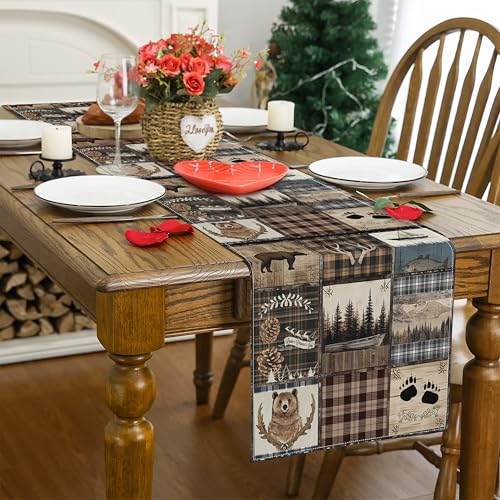 Image of Rustic Country Bear Table Runner,Vintage Wild Animals Bear Deer Forest Mountain Fish Table Cloth for Home Kitchen Dining Table Decoration Party 13x72 in