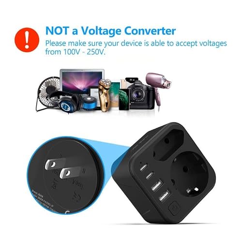 Adapter podróżny JSVER do Japonii, dwukierunkowe wtyczki podróżne z 2 portami ładowania USB A i 2 portami ładowania USB C, kompaktowy adapter typu A do połączeń z Polski do USA(Czarny)