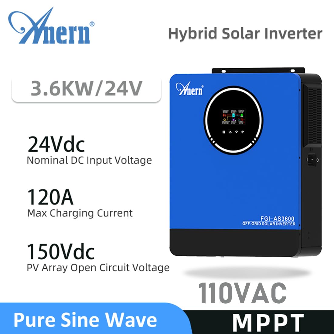Anern 3600W Inversor Híbrido 24V CC a 110V CA Inversor Autónomo,Controlador Solar MPPT 120 A Integrado, Dos Salidas de CA, Compatible con Baterías de Plomo-ácido y Batería LiFePO4