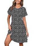 Heymoments Women's Short Sleeve Crew Neck Summer Dresses Polkadots Black Large Comfy Swing Dress Casual T-Shirt Loose Midi Vacation Teacher Sundress with Pockets