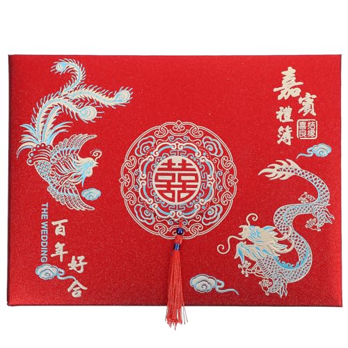 HOODANCOS Libro de Firmas para Invitados a Boda Estilo Chino Diseño Dragon y Fénix Registro de Firmas y Detalles para Bodas Libro para Decoración y Recuerdos Festivos