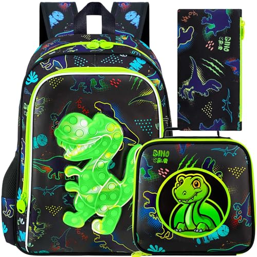 Image of CCJPX 3PCS Dinosaur Backpack for Boys, 16 inchKids Water Resistant Elementary Preschool Kindergarten School Bookbag with Lunch Box - Green