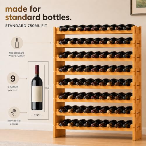 Image of NutriChef 72 Bottle Wine Rack Stackable Bamboo Freestanding, 8-Tier Modular Shelf, Sturdy Wobble Free, Upgraded 2026 Design, Easy No-Tool Assembly for Kitchen, Cellar or Bar Storage 33.5 inch x 10 inch x 41 inch