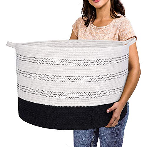 Image of R RUNKA XXXLarge Cotton Rope Basket 22" X 22"X 14" Blanket Basket for Living Room Woven Basket Soft Baby Laundry Blanket Basket Nursery Bin Toy Basket with Handle White+Black