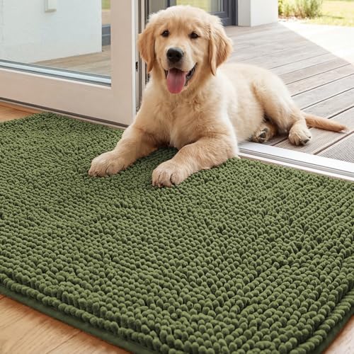 Image of H.VERSAILTEX Dog Door Mat for Muddy Paws Absorbent Dirt Trapper Non Slip Quick Dry Washable Chenille Mats for Dogs Entry Rug for Indoor Outdoor (Green 24 inch x 36 inch)