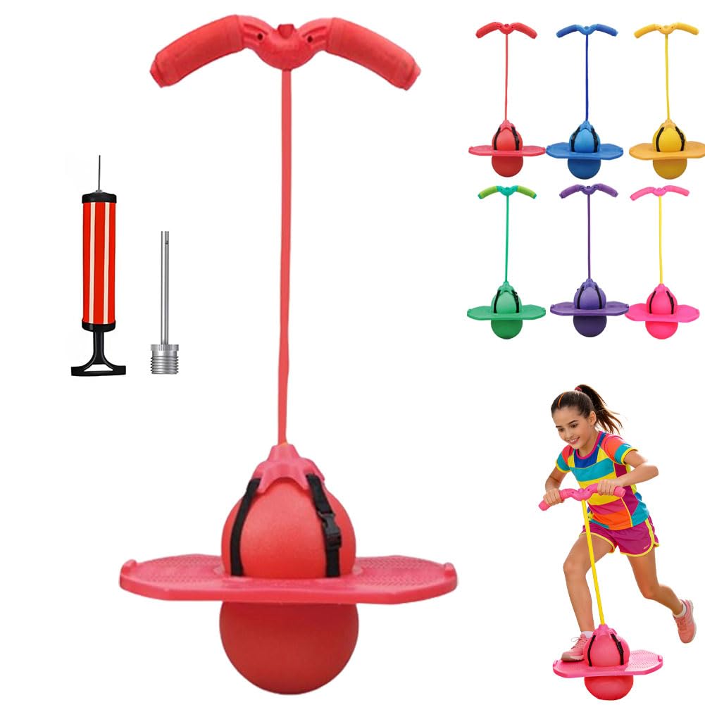 Balance Jumping Ball, Pogo Ball with Handle and Pump for Beginners & Adults, Up to 600lb Capacity, Silent Indoor/Outdoor Fitness Toy for Balance & Coordination (Red)