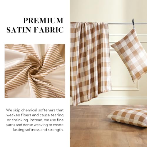 Image of MR&HM Satin Bed Sheets with Elastic Corner Straps, Queen Size Sheets Set, 4 Pcs Silky Bedding Set with 15 Inches Deep Pocket for Mattress (Queen, Latte Check)