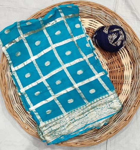 Image of Women's Pure Viscose Georgette Checks Zari Fabric Jaipuri Saree with Matching Blouse