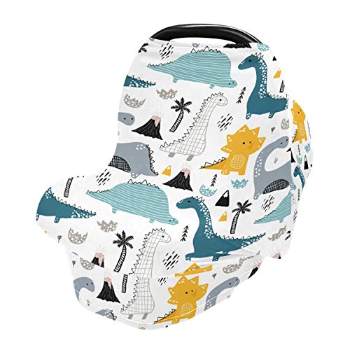 Image of Dino Scandinavian Style Baby Car Seat Covers, Nursing Cover Breastfeeding Scarf Soft Breathable Stretchy Coverage, Infant Stroller Cover for Boys Girls