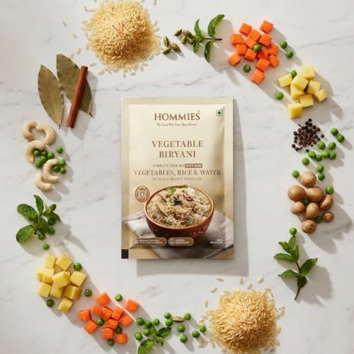 Image of Hommies Vegetable Biryani Masala Spice Mix | Ready to Cook in 15 mins | Just Add Rice and Water | Serves 4 | Fragrant and Spicy Rice | No Preservatives | 50 gm each (Pack of 4)