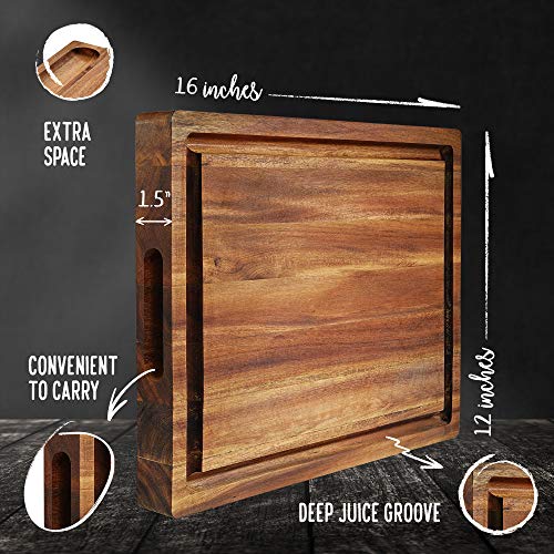 Fanichi Extra Large & Thick Acacia Wood Cutting Board: 16 X 12 X 1.5 Inch Reversible Multipurpose With Juice Groove, Cracker Holder & Inner Handles. #TOP1