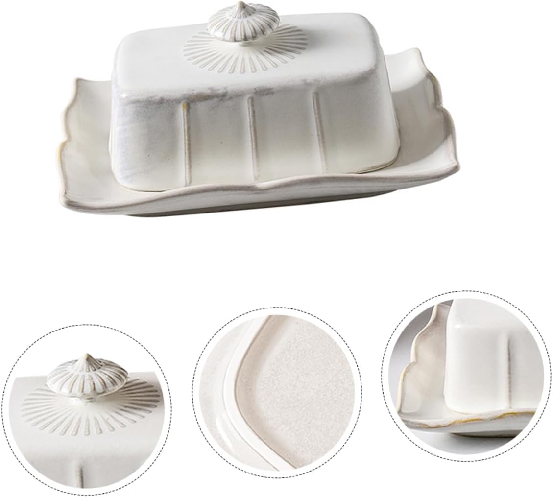 SMASOLO Rectangular Ceramic Butter Plate with Cover Delicate Porcelain Dessert Holder for Home Hotels Microwave Safe Snack Tray for Cheese Biscuits Bread Storage