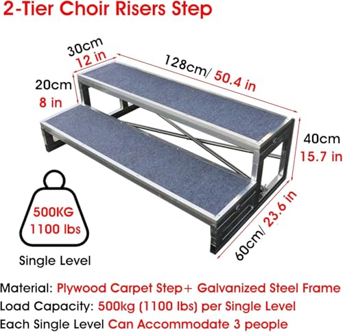 Katzowen Choir Stage Risers 1/2/ 3 Tiers Metal Anti-Slip Public Seating Standing Commercial Stair Riser Platform for School/Church/Theater/Concert Hall/Photo Booth(2-Tiers)