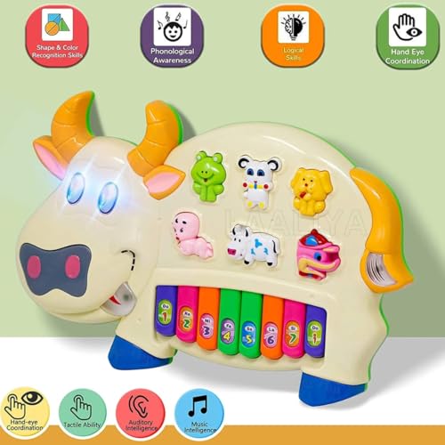 Image of Cow Shape Musical Piano Keyboard Toy for Kids, Baby Piano with Animal Sounds, Light & Music, Mini Keyboard Instrument for Boys and Girls Age 1 to 5 Years+