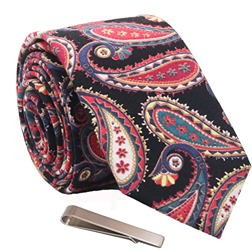 Image of Men's Skinny Tie Floral Cotton Necktie and Tie Bar Clip Sets, Great for Weddings,Groom,Groomsmen