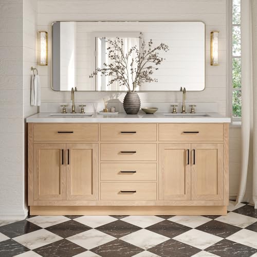 ARIEL Hepburn 72-inch Bathroom Vanity with Sink,Solid Wood, 1.5-inch Pure White Quartz Countertop, Double Rectangular Porcelain Sink, 4 Soft Closing Doors, 6 Dovetail Drawers, White Oak