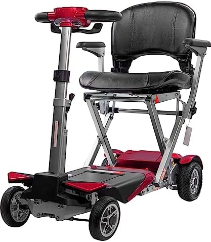 Transformer Folding Mobility Scooter - Lightweight Electric Automatic Folding Travel Scooter for Adults - Airline Approved - 300 lbs Weight Capacity - 13 Miles on a Charge (Red)