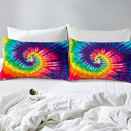 Tie-Dye Bed Sheet Girl Full Colorful Bedding Set Chic Rainbow Chic Bed Cover Decorative Bed Sheet Set Bed Covers Bedclothes Room Decor 3Pcs Fitted Sheet & 2 Pillow Case #TOP1