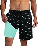 XiaoMoSha Mens Swimming Shorts Men Swim Trunks with Compression Liner 7" Quick Dry 2 in 1 Board Shorts for Beach Surfing, Black, L