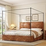Modern Canopy Bed Frame with Upholstered Faux Leather Headboard – Tall Four Poster Metal Platform Bed, No Box Spring Needed, King Size, Brown and Black