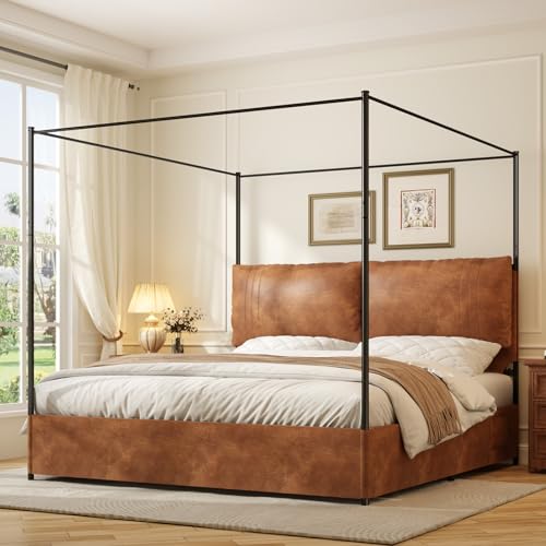 SAMTRA Modern Canopy Bed Frame with Upholstered Faux Leather Headboard – Tall Four Poster Metal Platform Bed, No Box Spring Needed, King Size, Brown and Black