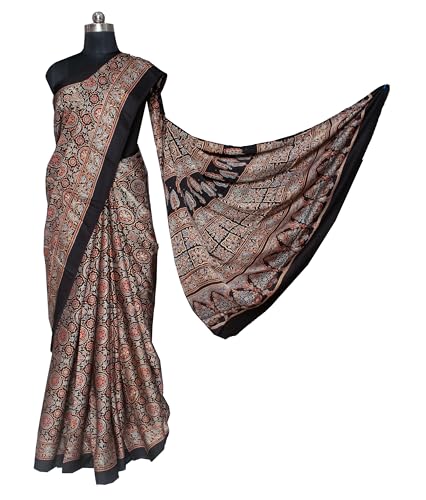 Image of Ethnics of Kutch Womenss Ajrakh Modal Silk Natural Dye Hand Block Print Saree with Blouse Piece - 5.5 Mtr Length
