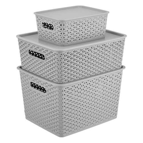 Image of Amazon Basics Set of 3 (Small, Medium, Large) Plastic Storage Baskets with Lid Stackable Shelf Basket, Storage Box & Organiser for Wardrobe, Kitchen,Clothes, Toys, Books, Office (Grey, Rectangular)
