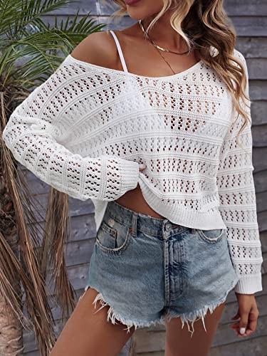SHENHE Women's Crochet Hollow Out Drop Shoulder Scoop Neck Long Sleeve Sweater Top3