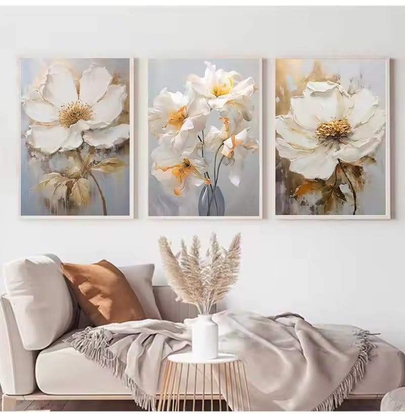 DIHANSM Abstrakte weiße und goldene Blumen auf Leinwand, moderne Pflanzenposter und Drucke, Wandkunstbilder für Wohnzimmer, Heimdekoration (30 x 40 cm x 3/Galerie-Rahmen)