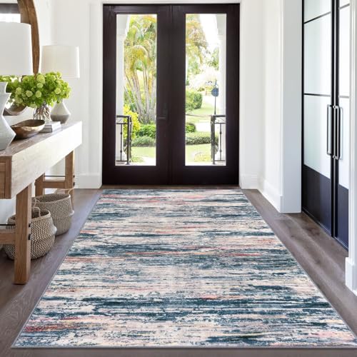 Teal Blue Peach Gray Multi 5x7 Modern Abstract Area Rug for Bedroom, Large Super Soft Washable Rug with Non-Slip, Non-Shedding Throw Rugs for Living Room, Indoor Door Mat For Office Home Décor