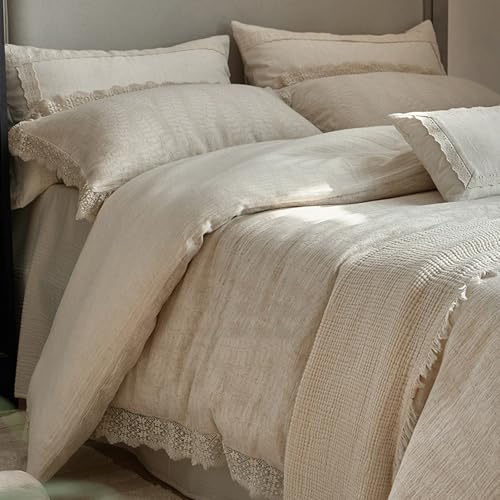 Copripiumino in lino, per letto matrimoniale, con volant, traspirante, comodo, con federe increspate, per tutte le stagioni, lenzuolo con angoli