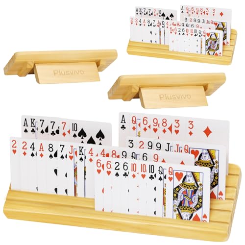 plusvivo Card Holders for Playing Cards with Adjustable Stand Set of 4 Playing Card Holders for Seniors Adults Kids 5 Slots up to 110 Cards 12 Wooden Card Holder for Canasta Bridge
