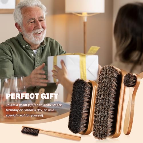 Image of 4 Pcs Horsehair Shine Shoes Brush Kit Polish Dauber Applicators Cleaning Leather Shoes Boots Care Brushes Suede Cleaner Brush with Microfiber Shoe Cloth(Wooden Style A)