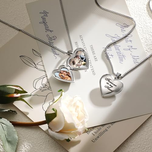 Forever in My Heart Locket Necklace Set Sublimation Pendant Trays Set That Hold Pictures Silver Locket Necklace Bezel Tray Chain Sublimation Discs for Women Mom Gift2