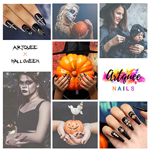 Artquee 24Pcs Halloween Press On Nails Black Glossy Long Coffin Fake Nail Art Golden Spider Pumpkin 3D Rhinestones Designs Ballerina False Nails Acrylic Stick On Nails Tips For Women And Girls #TOP6