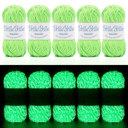 BrilleBrille Glow in The Dark Yarn - 5 Pack Glow in The Dark Yarn for Crochet(260g/9oz | 273 Yards) Knitting & Crochet Thread for DIY Crafts Gifts Doll Making (Green)