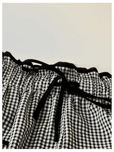 SweatyRocks Women's Gingham Plaid Loose Pants Drawstring High Waist Long Trousers with Pocket3