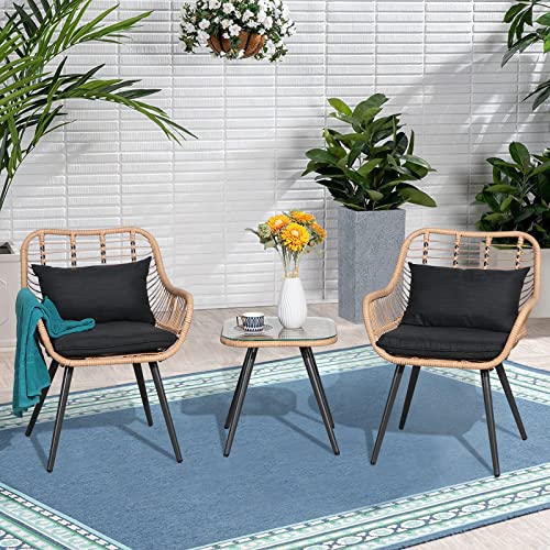 Verano Garden 3 Piece Patio Bistro Set, Outdoor Wicker Conversation Chair Sets Balcony Furniture,Coffee Table With Glass Top, Cushions & Lumbar Pillows For Porch, Backyard, Deck, Poolside #TOP6