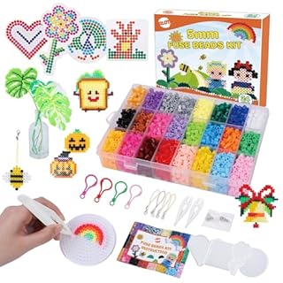Fuse Beads Kit 24 Colors 5mm Iron Beads for Kids with Pegboards Tweezers Ironing Papers Keyrings Fuse Bead Craft Kit for Boys Girls DIY Crafts