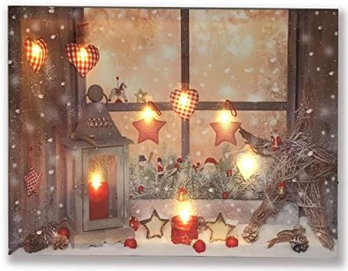 Hong Art-Framed Wall Art With Candle lights Shine Through the Window Photo Canvas Prints for Home and Christmas Decoration -12x16 Inch (8 LED Lights) HA-17-CP-0F-01