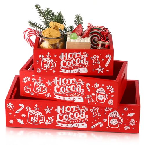 Sliner 3 Pcs Christmas Hot Cocoa Bar Wood Storage Box, Rustic Red