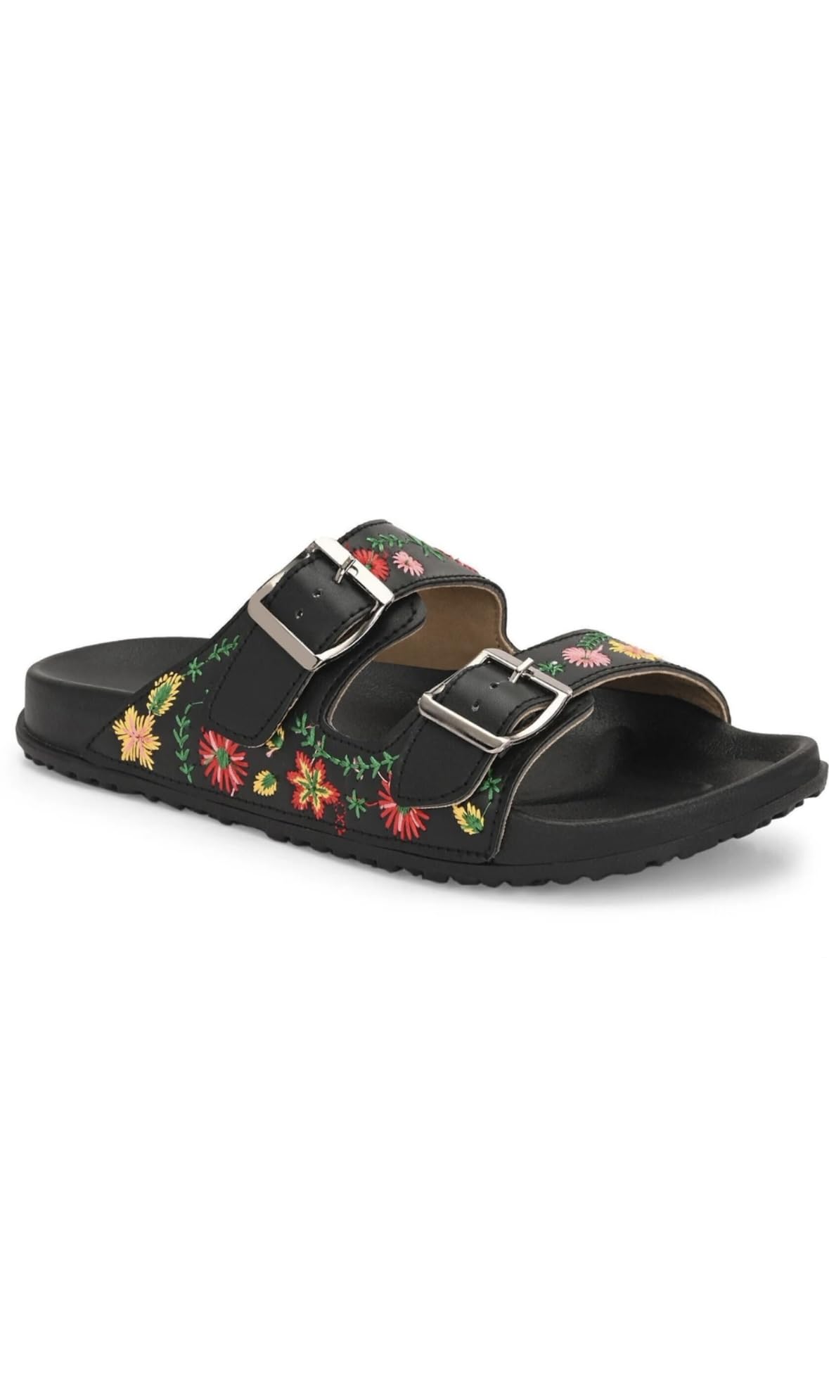 Women's Black/CreamFloral Embroidered Double Strap Slide Sandals | Lightweight EVA Cushioned Flats-image-5