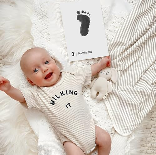 Image of Premium Inkless Monthly Milestone Cards Kit with Baby Hand & Footprint Keepsake Set|14 Elegant Milestone Cards & 14 Inkless Towelettes|Non-Toxic & Safe Memory Kit for Newborn Babies - Black