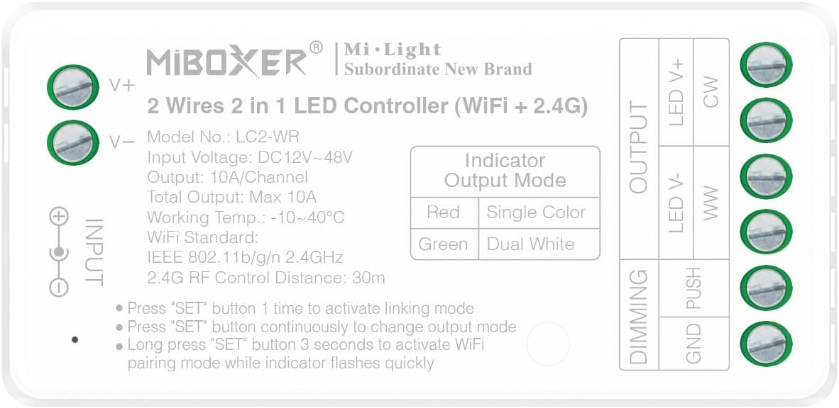 LGIDTECH LC2-WR Miboxer 2 Wires 2 in 1 LED Strip Light Controller,Work with Single Color & COB 2 Wires CCT Dual White LED Strip Light,APP Control Directly (2)